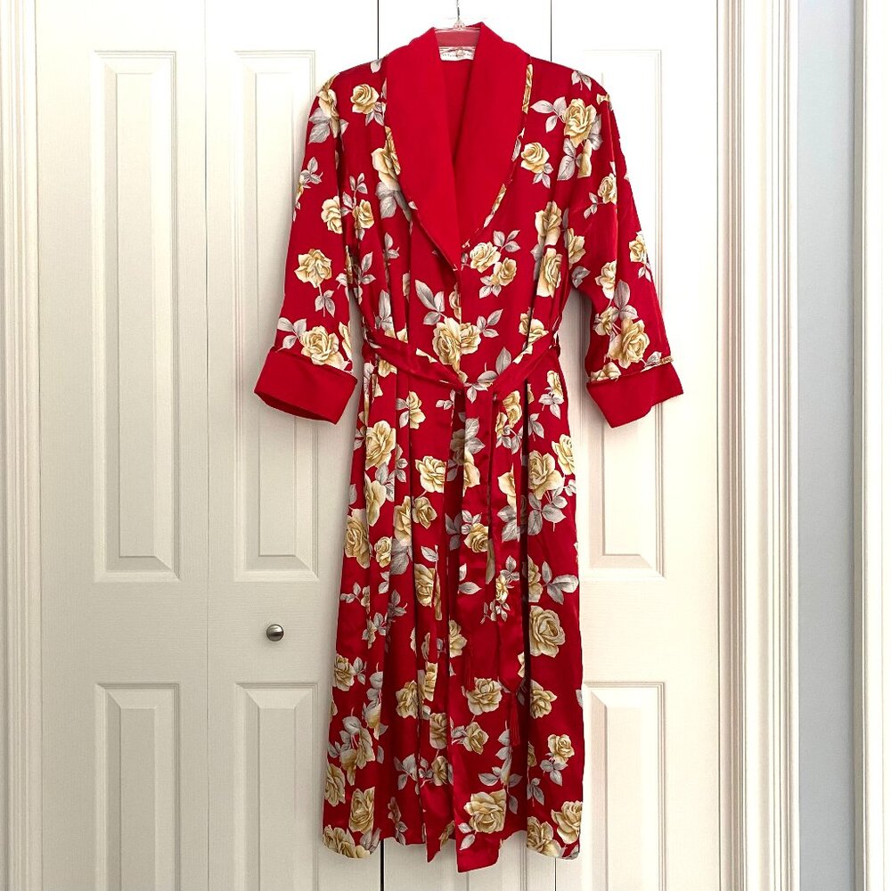 Vintage Victoria's Secret Satin Robe Red Floral Fleece Lined Belted Size XS/S